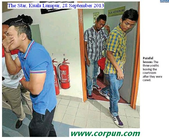 Three youths leaving courtroom after they were caned