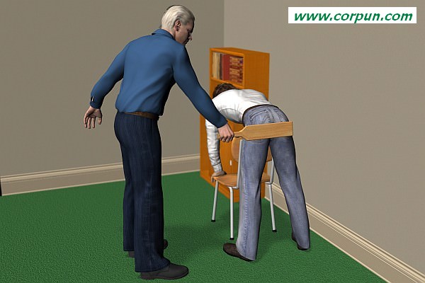 Bending over the back of a chair in the Principals' office to receive corporal punishment