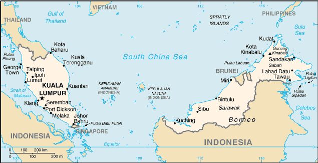 Map showing location of Malaysia, Brunei, Singapore
